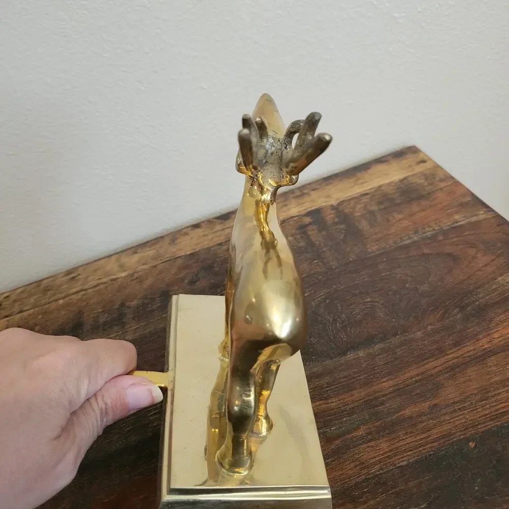 Vintage Brass Reindeer Stocking Hanger Long Arm Heavy Mantel Hook Stag 5.75